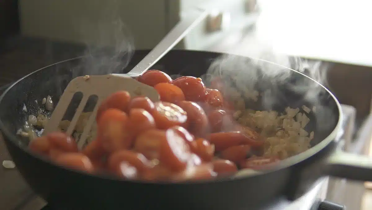 お腹をあっためるルーカレーほっこり風味 フライパンで玉ねぎ、プチトマトを炒めている